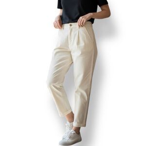 Anthropologie Women's Cream Pleated Cropped Straight Leg Trousers Size 26